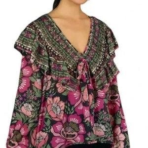 Farm Rio Black Garden Floral Blouse Size M